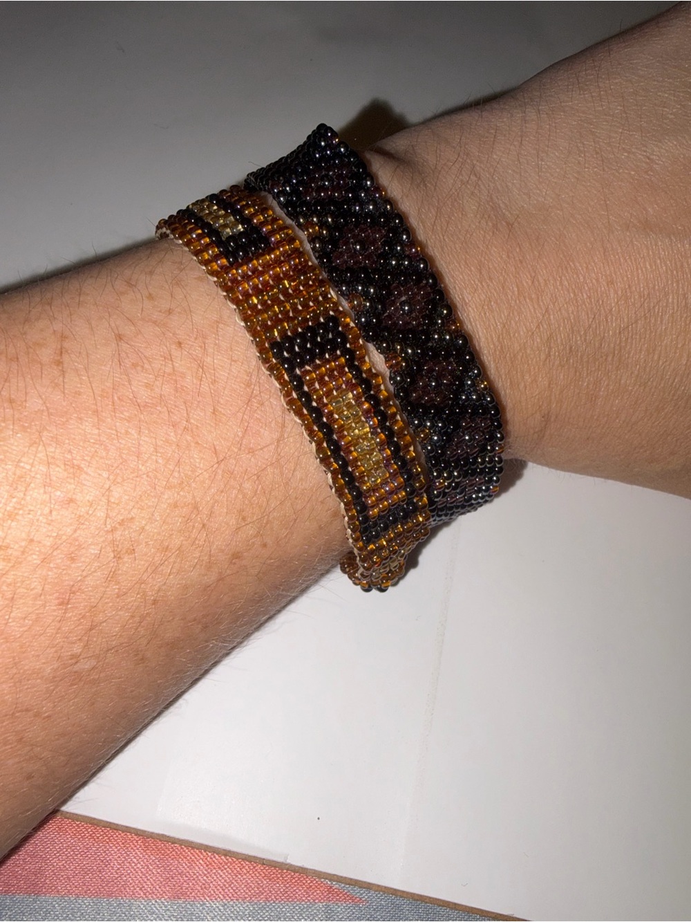 Vintage Hand Beaded Seed Bead Cuff Bracelets Set of 2 Geometric Boho